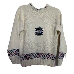 Vintage Winona Knits Snowflake Sweater Winter White Cotton Crewneck Pullover M